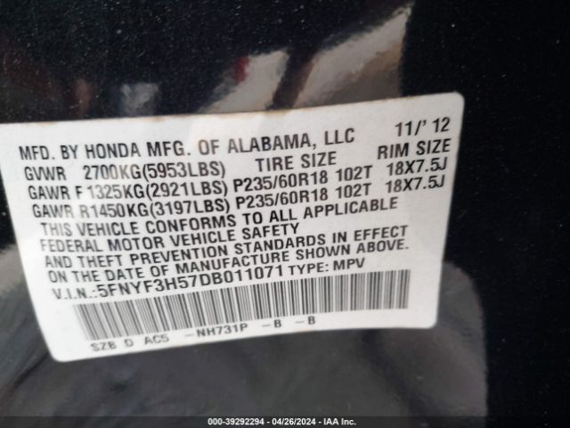 Photo 8 VIN: 5FNYF3H57DB011071 - HONDA PILOT 