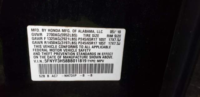 Photo 9 VIN: 5FNYF3H58BB011819 - HONDA PILOT EXL 