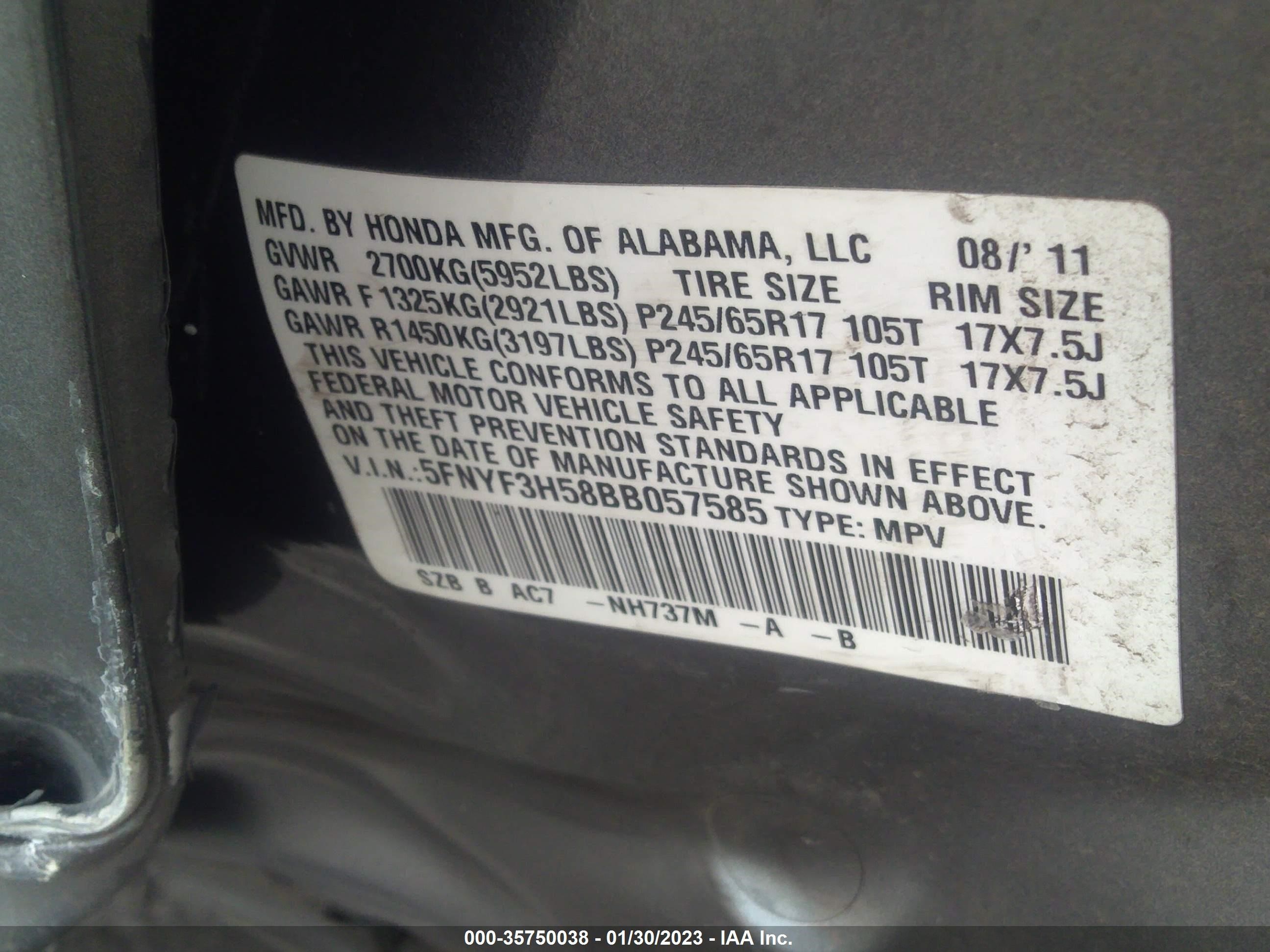 Photo 8 VIN: 5FNYF3H58BB057585 - HONDA PILOT 