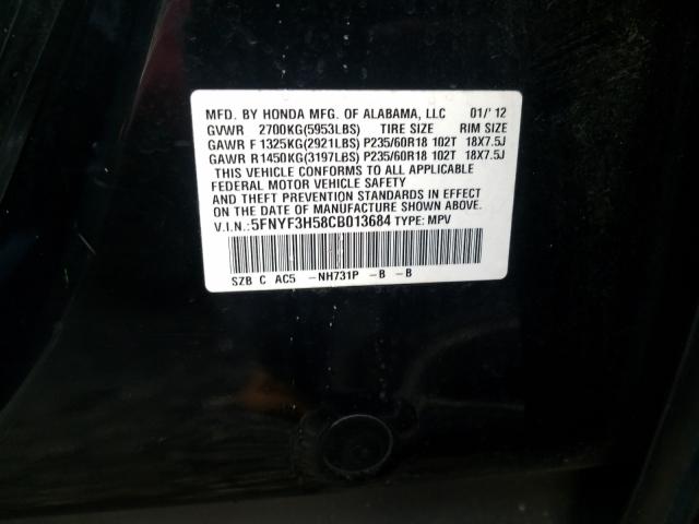 Photo 9 VIN: 5FNYF3H58CB013684 - HONDA PILOT EXL 