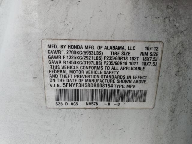 Photo 12 VIN: 5FNYF3H58DB008194 - HONDA PILOT EXL 