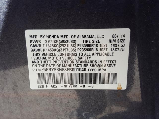 Photo 9 VIN: 5FNYF3H58FB001040 - HONDA PILOT EXL 