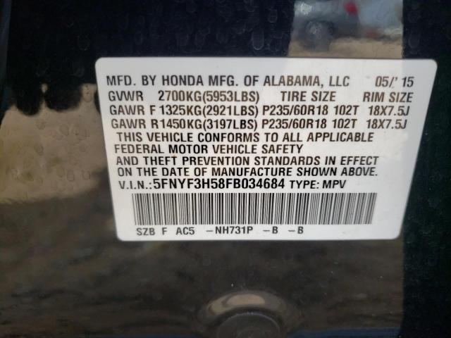 Photo 9 VIN: 5FNYF3H58FB034684 - HONDA PILOT EXL 