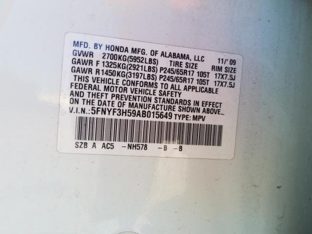 Photo 9 VIN: 5FNYF3H59AB015649 - HONDA PILOT EXL 