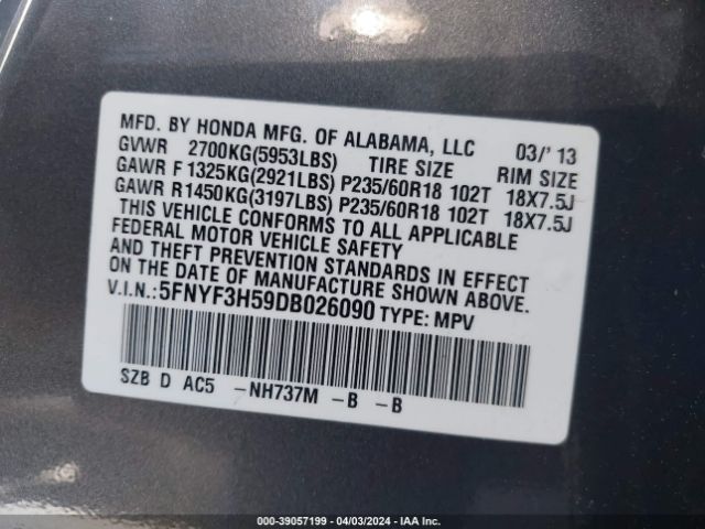 Photo 8 VIN: 5FNYF3H59DB026090 - HONDA PILOT 