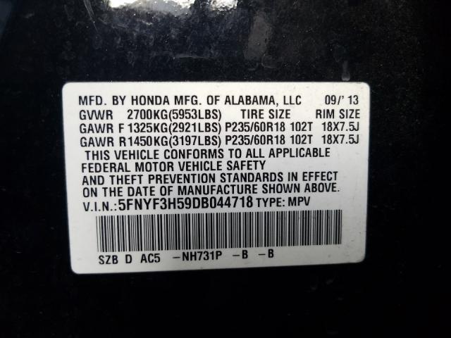 Photo 9 VIN: 5FNYF3H59DB044718 - HONDA PILOT EXL 