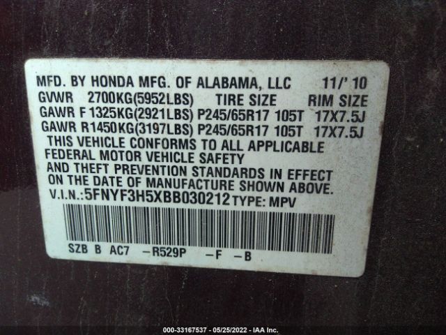 Photo 8 VIN: 5FNYF3H5XBB030212 - HONDA PILOT 