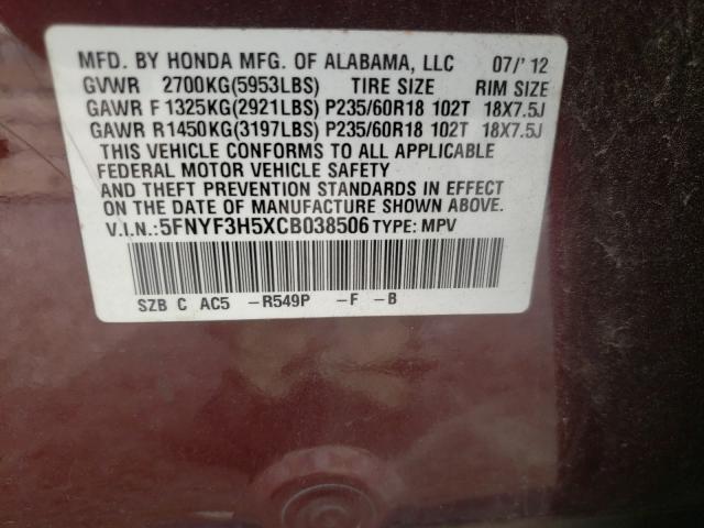 Photo 9 VIN: 5FNYF3H5XCB038506 - HONDA PILOT EXL 