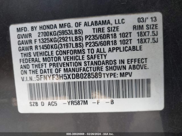 Photo 8 VIN: 5FNYF3H5XDB028589 - HONDA PILOT 