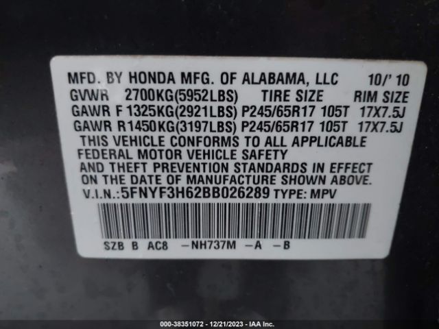 Photo 8 VIN: 5FNYF3H62BB026289 - HONDA PILOT 