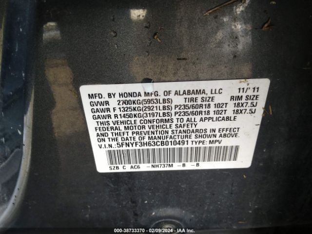 Photo 8 VIN: 5FNYF3H63CB010491 - HONDA PILOT 