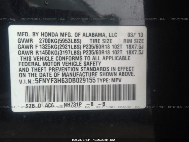 Photo 8 VIN: 5FNYF3H63DB029155 - HONDA PILOT 