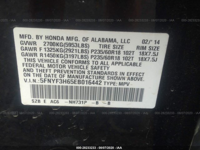 Photo 8 VIN: 5FNYF3H65EB016442 - HONDA PILOT 