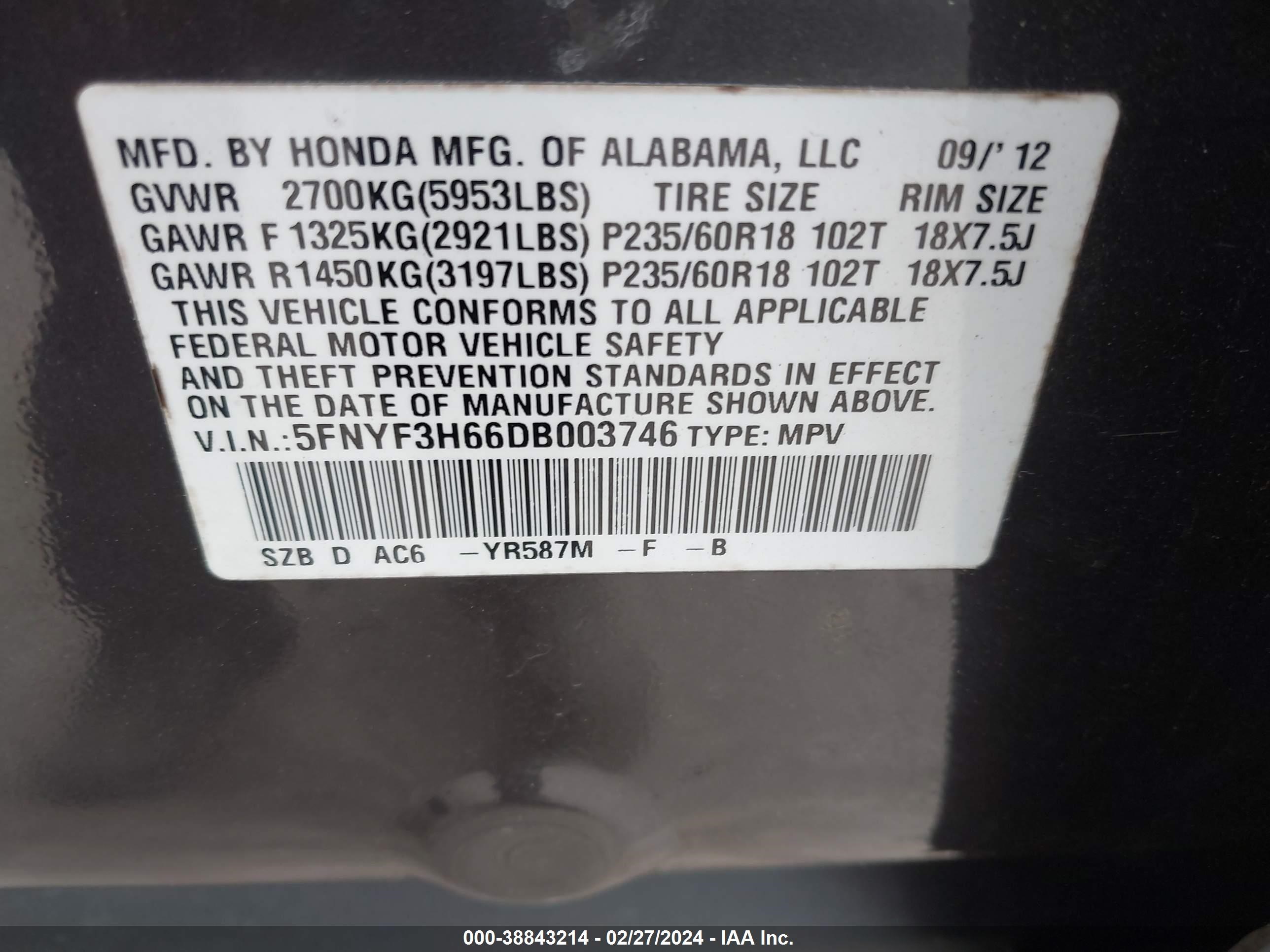 Photo 8 VIN: 5FNYF3H66DB003746 - HONDA PILOT 