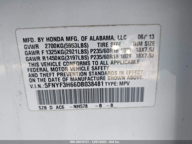 Photo 8 VIN: 5FNYF3H66DB038481 - HONDA PILOT 