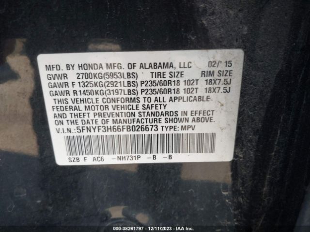 Photo 8 VIN: 5FNYF3H66FB026673 - HONDA PILOT 