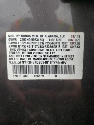 Photo 11 VIN: 5FNYF3H67DB034018 - HONDA PILOT EXL 