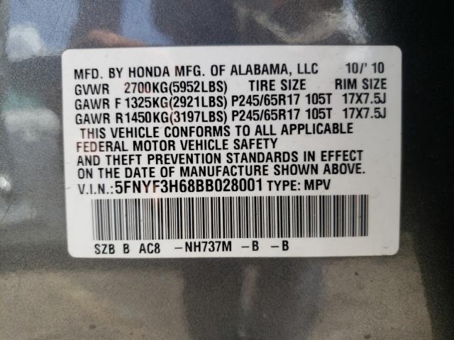 Photo 9 VIN: 5FNYF3H68BB028001 - HONDA PILOT EXL 