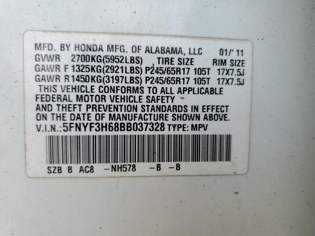 Photo 13 VIN: 5FNYF3H68BB037328 - HONDA PILOT 