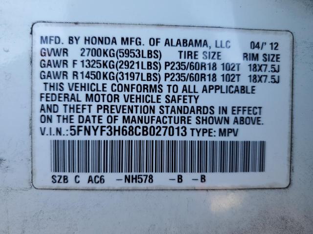 Photo 12 VIN: 5FNYF3H68CB027013 - HONDA PILOT EXL 