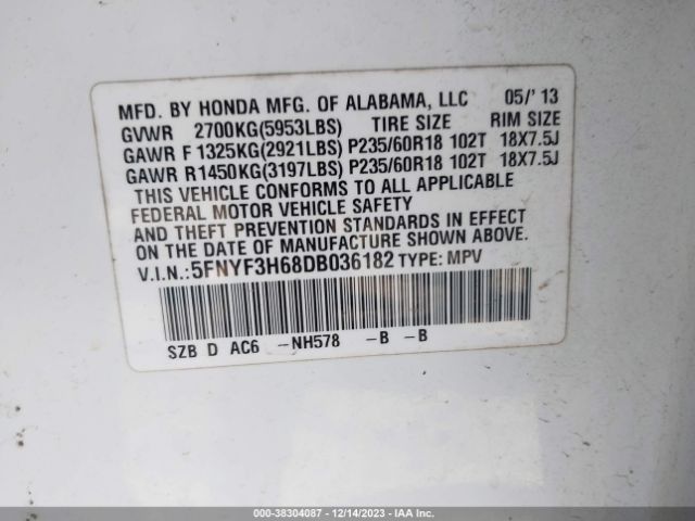 Photo 8 VIN: 5FNYF3H68DB036182 - HONDA PILOT 