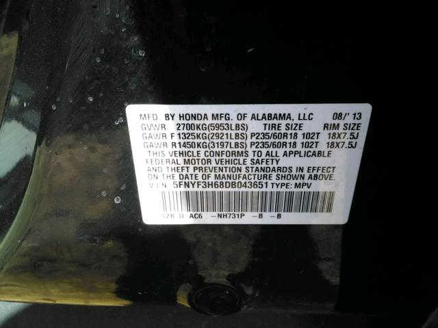 Photo 9 VIN: 5FNYF3H68DB043651 - HONDA PILOT EXL 