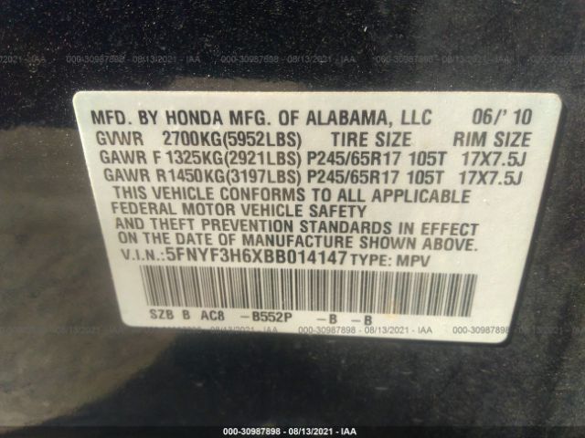 Photo 8 VIN: 5FNYF3H6XBB014147 - HONDA PILOT 