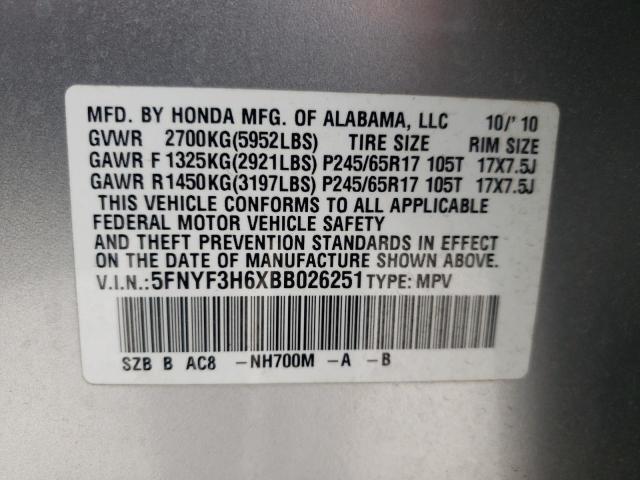 Photo 9 VIN: 5FNYF3H6XBB026251 - HONDA PILOT EXL 