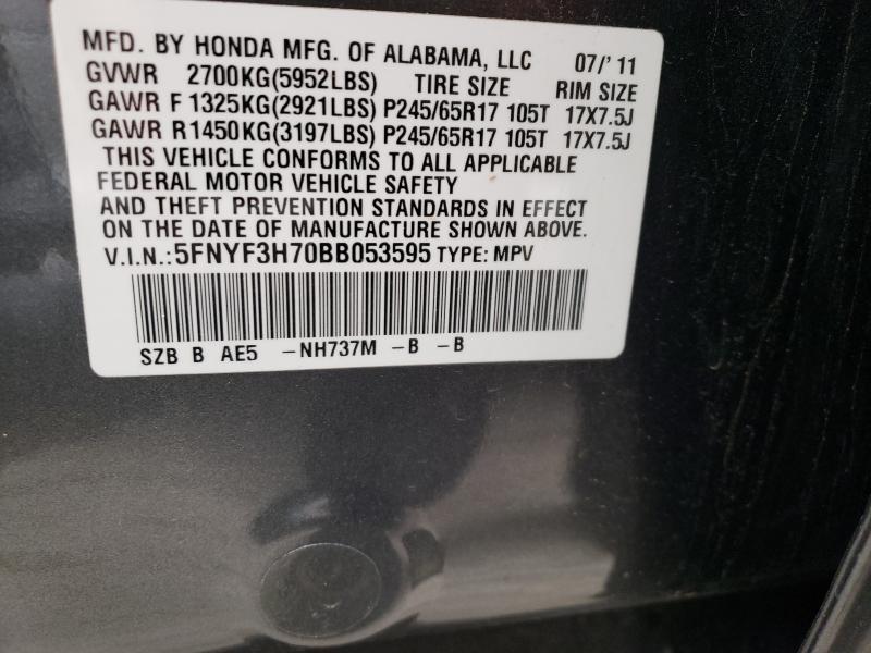 Photo 9 VIN: 5FNYF3H70BB053595 - HONDA PILOT EXLN 