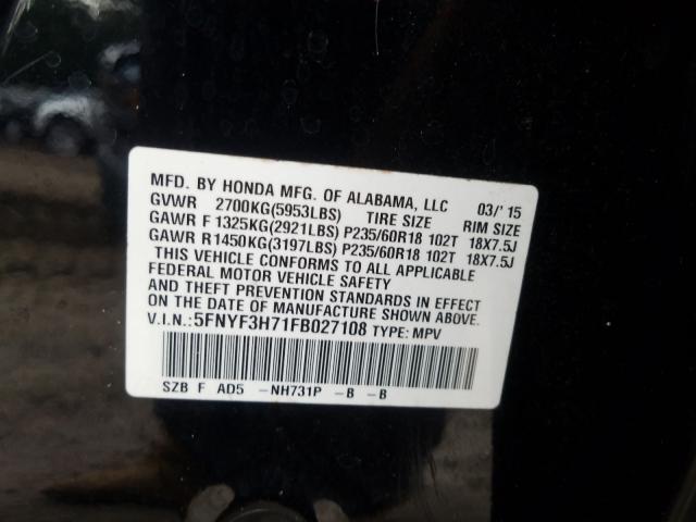 Photo 9 VIN: 5FNYF3H71FB027108 - HONDA PILOT EXLN 