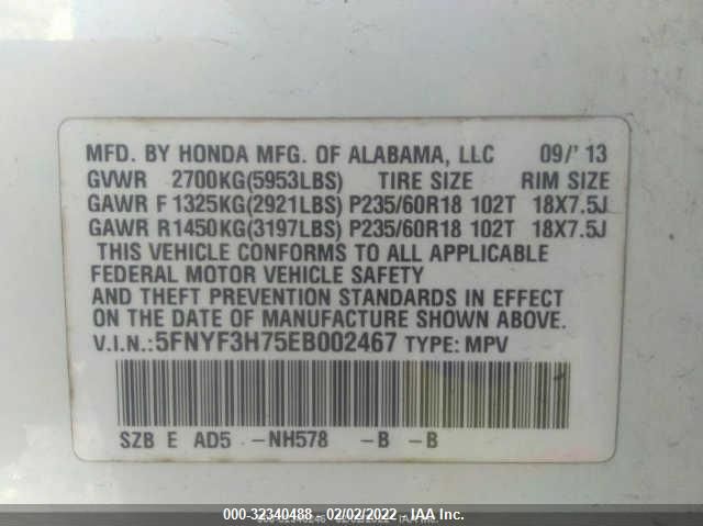 Photo 8 VIN: 5FNYF3H75EB002467 - HONDA PILOT 