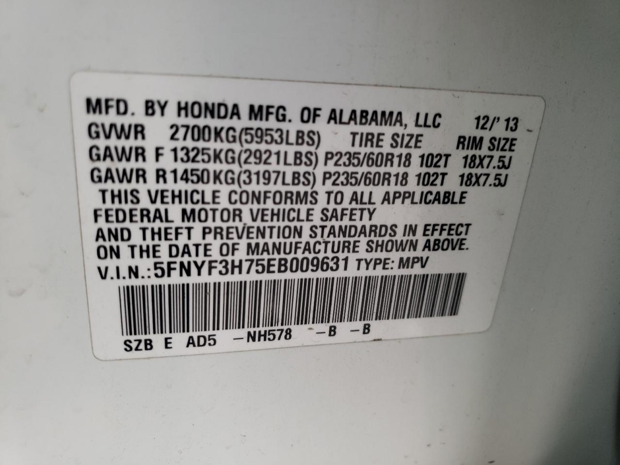 Photo 12 VIN: 5FNYF3H75EB009631 - HONDA PILOT 