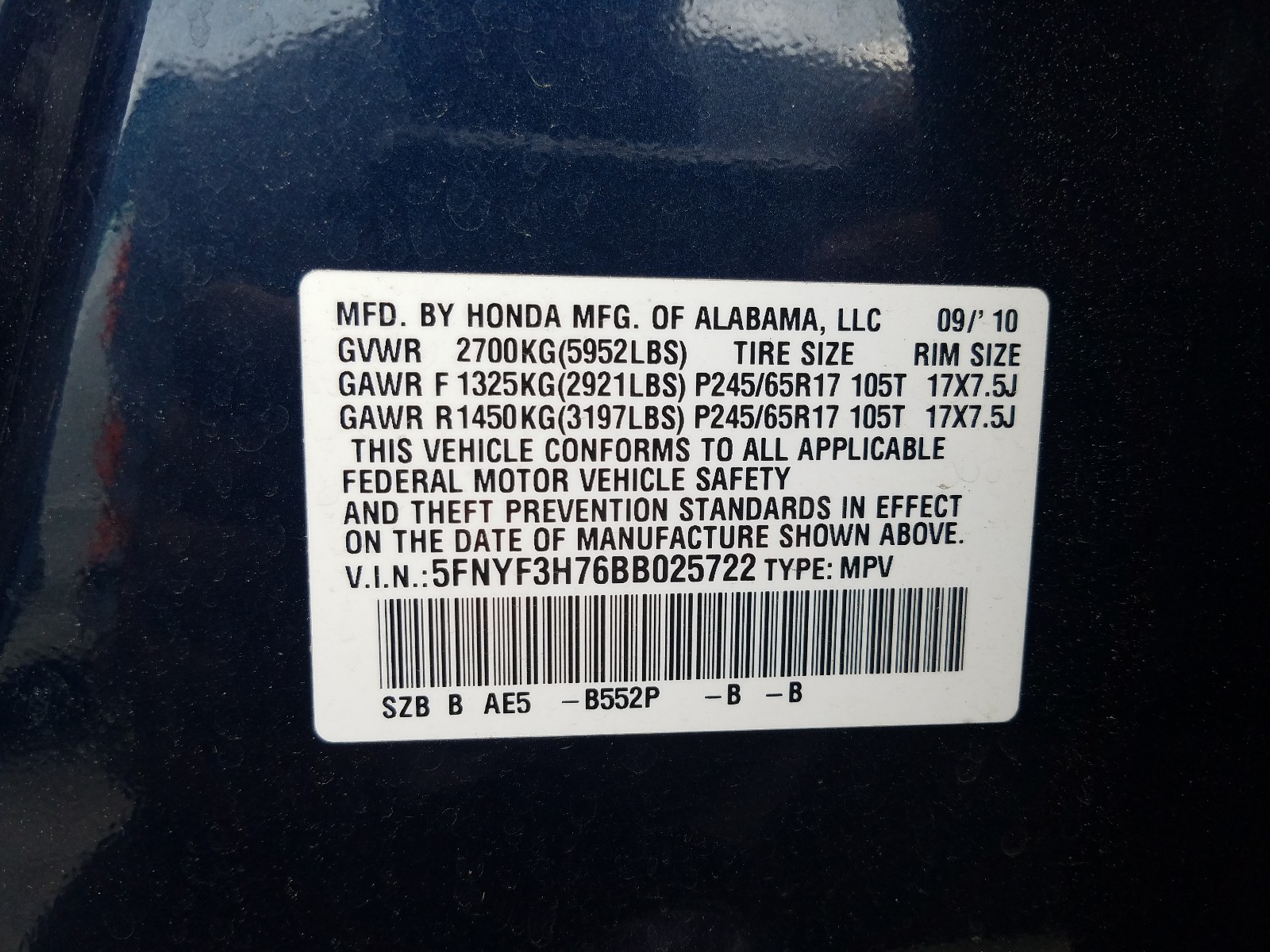 Photo 9 VIN: 5FNYF3H76BB025722 - HONDA PILOT EXLN 