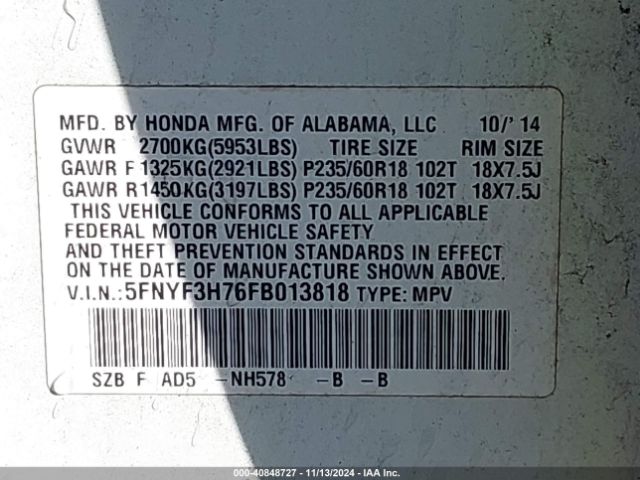 Photo 8 VIN: 5FNYF3H76FB013818 - HONDA PILOT 