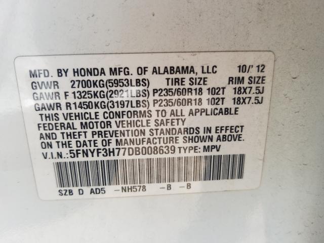 Photo 9 VIN: 5FNYF3H77DB008639 - HONDA PILOT 