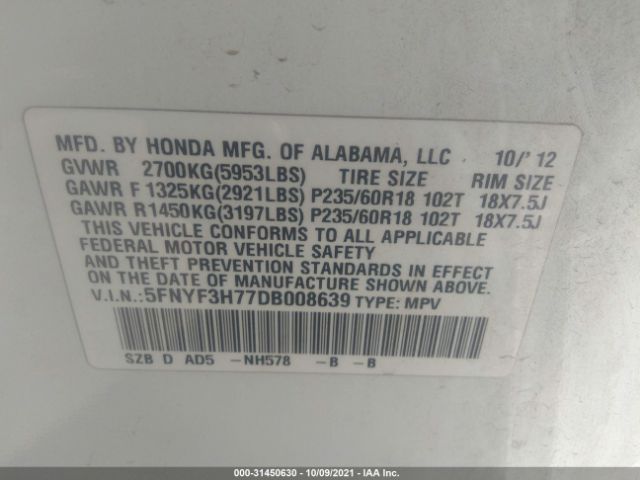 Photo 8 VIN: 5FNYF3H77DB008639 - HONDA PILOT 