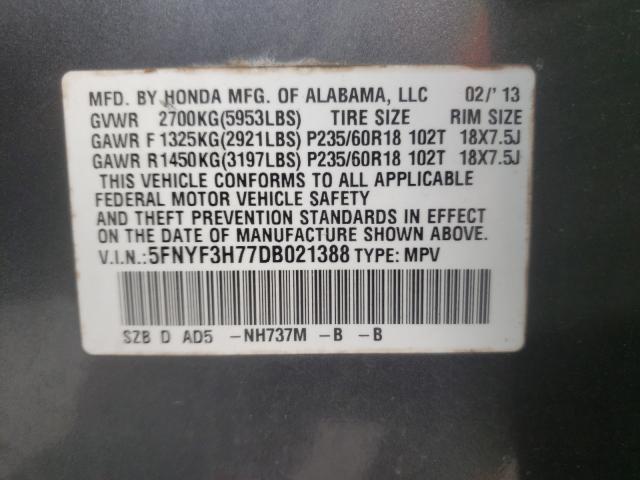 Photo 9 VIN: 5FNYF3H77DB021388 - HONDA PILOT EXLN 