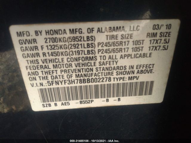 Photo 8 VIN: 5FNYF3H78BB002278 - HONDA PILOT 