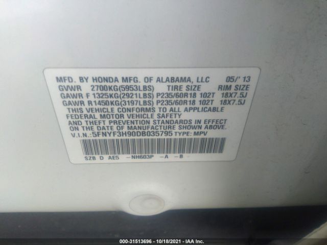 Photo 8 VIN: 5FNYF3H90DB035795 - HONDA PILOT 