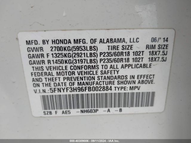 Photo 8 VIN: 5FNYF3H96FB002884 - HONDA PILOT 