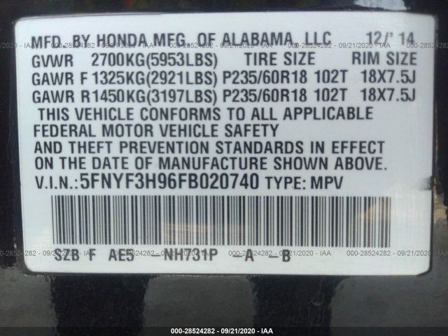 Photo 8 VIN: 5FNYF3H96FB020740 - HONDA PILOT 