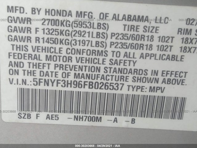 Photo 8 VIN: 5FNYF3H96FB026537 - HONDA PILOT 