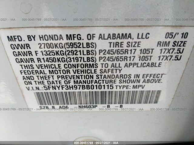 Photo 8 VIN: 5FNYF3H97BB010115 - HONDA PILOT 