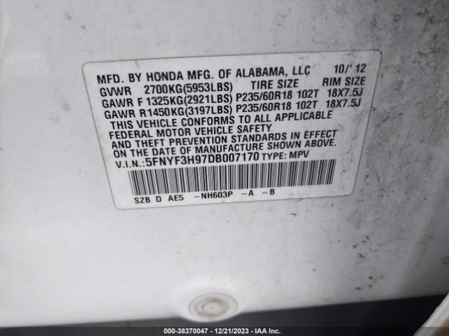 Photo 8 VIN: 5FNYF3H97DB007170 - HONDA PILOT 