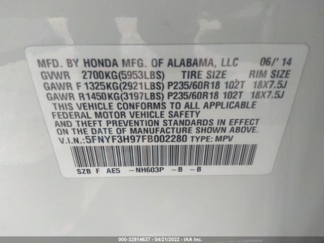 Photo 8 VIN: 5FNYF3H97FB002280 - HONDA PILOT 