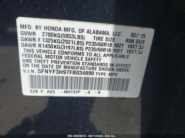 Photo 8 VIN: 5FNYF3H97FB034890 - HONDA PILOT 