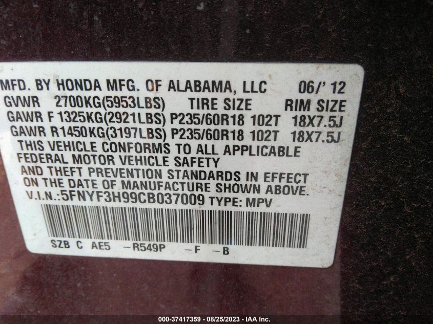 Photo 8 VIN: 5FNYF3H99CB037009 - HONDA PILOT 