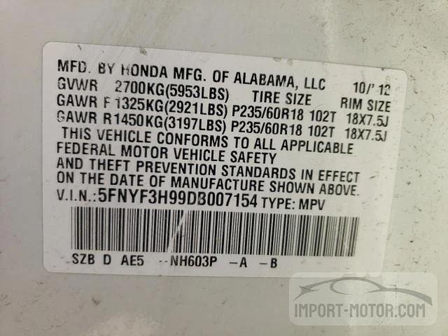 Photo 9 VIN: 5FNYF3H99DB007154 - HONDA PILOT 