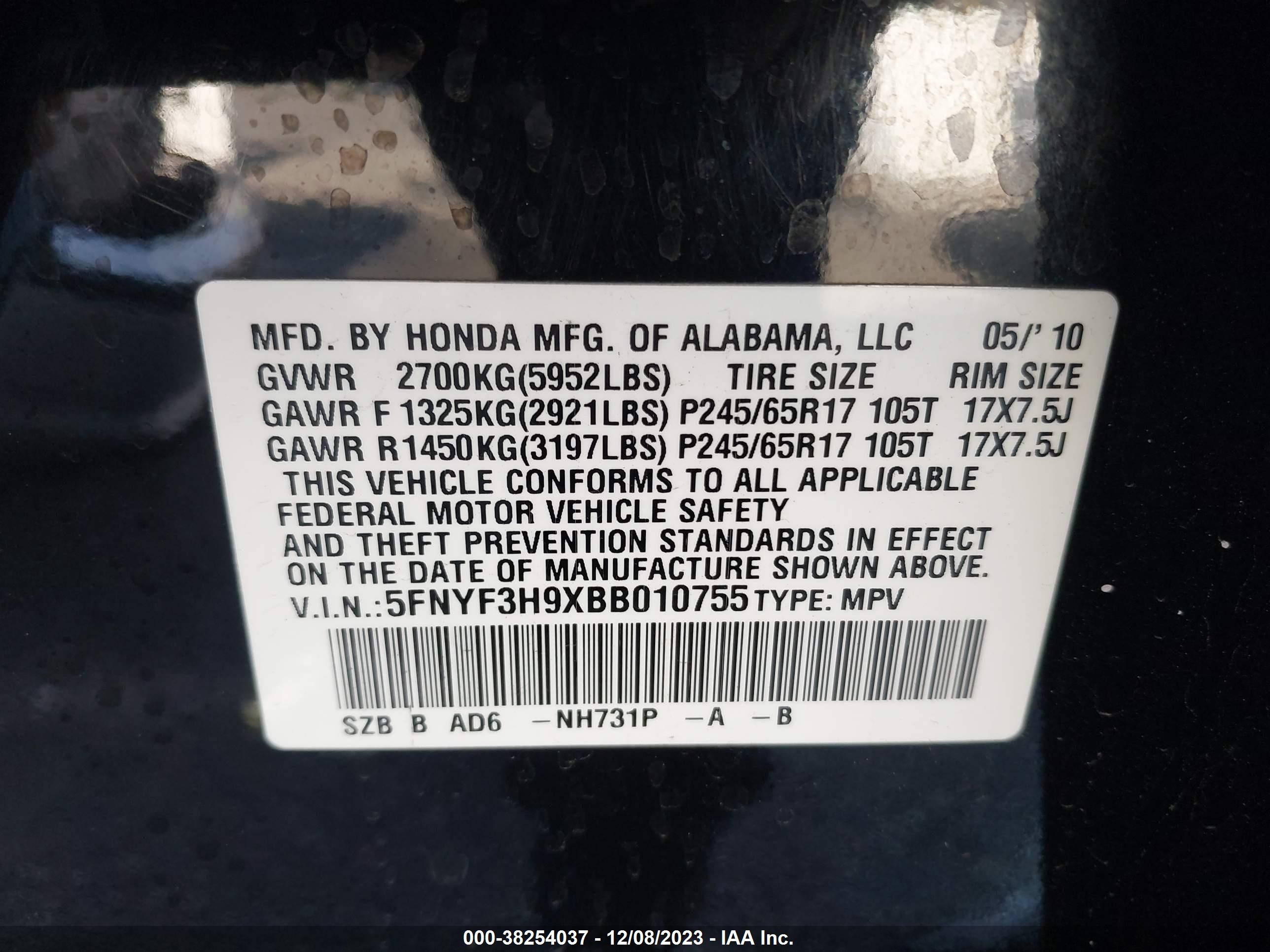 Photo 8 VIN: 5FNYF3H9XBB010755 - HONDA PILOT 