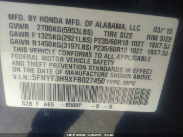 Photo 8 VIN: 5FNYF3H9XFB027450 - HONDA PILOT 